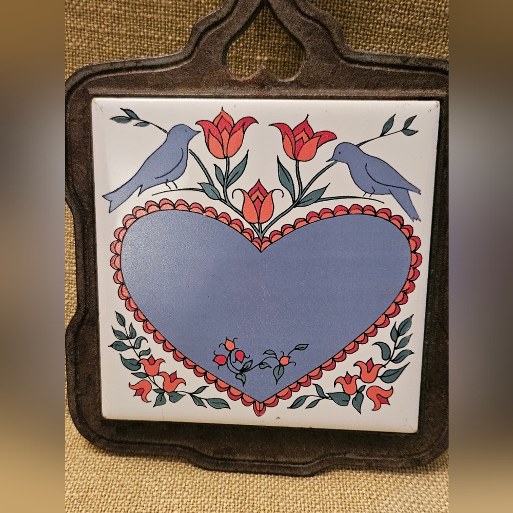 Cast Iron Trivet Wall Hanging Ceramic Tile Heart with two birds